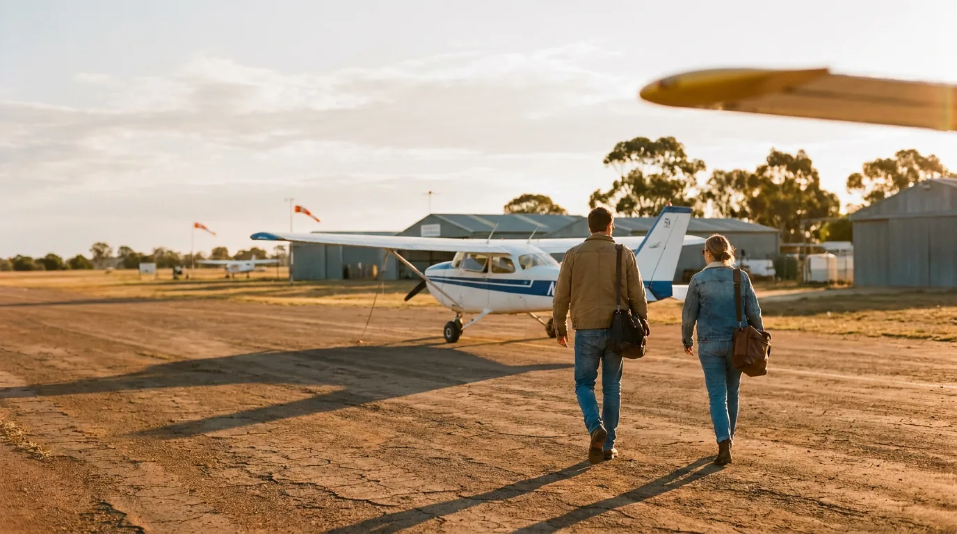 Two pilots walking together toward a Cessna at golden hour